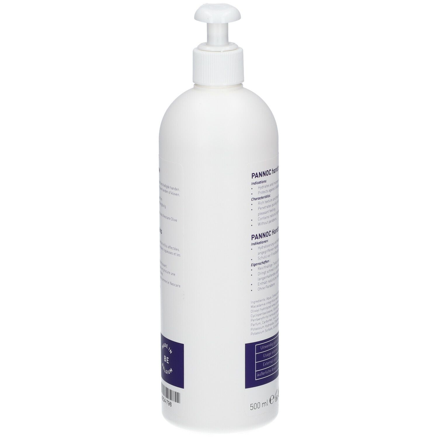 Flacon blanc avec pompe. Inscription: PANNOC Handcrème. Texte et logo en bleu. 500 ml.