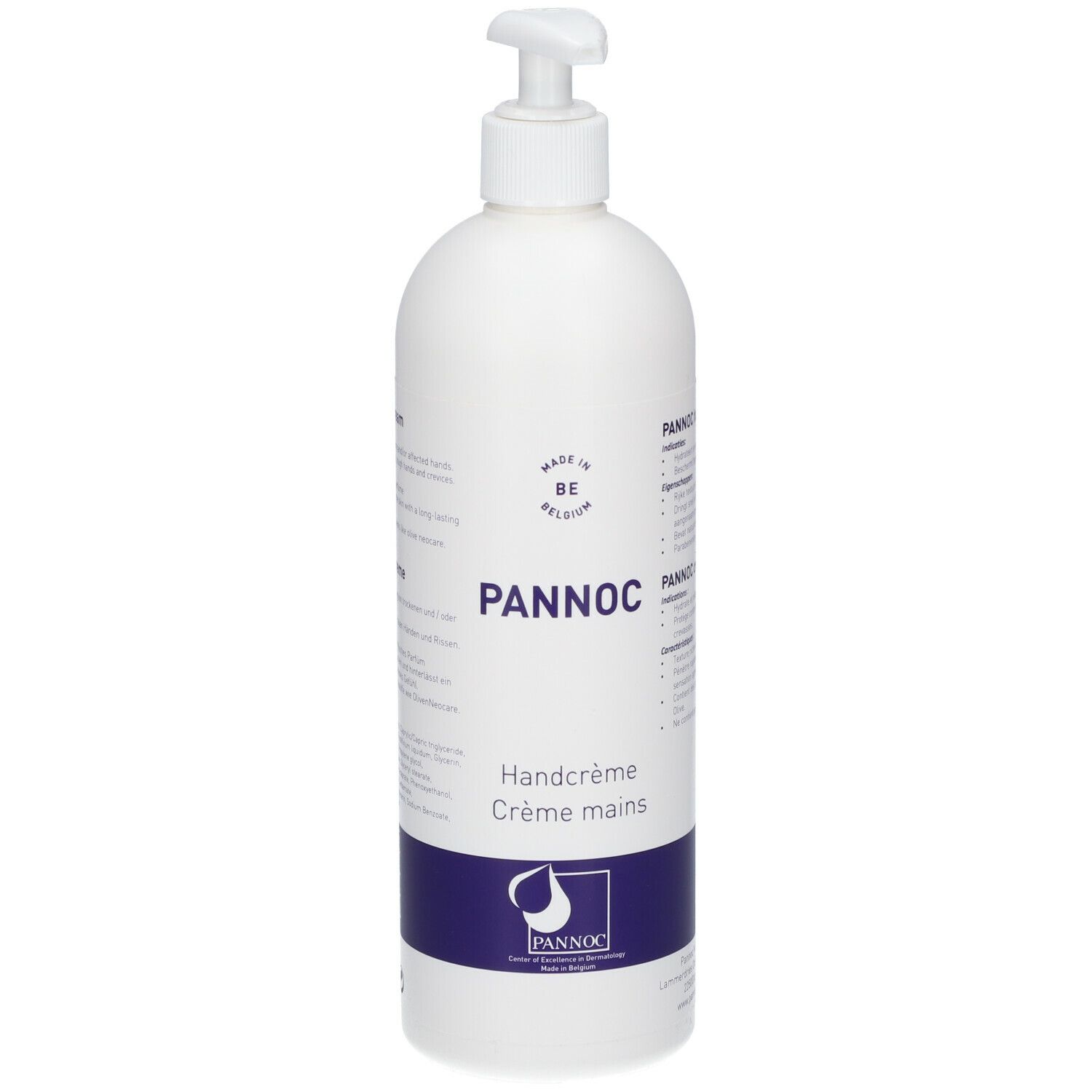 Flacon blanc avec pompe. Inscription: PANNOC Handcrème Crème mains. Logo et texte en bleu.