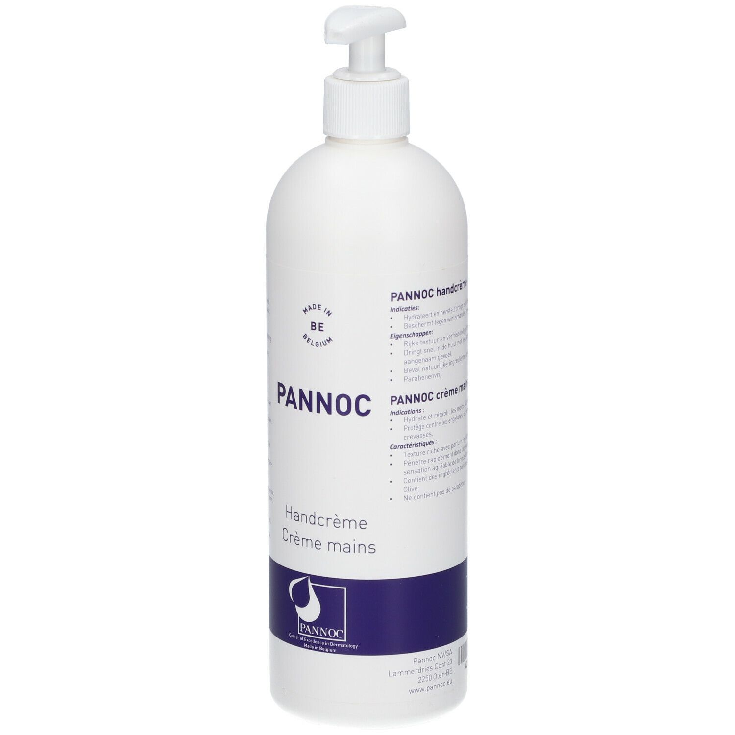 Flacon blanc avec pompe. Inscription: PANNOC Handcrème Crème mains. Logo et texte en bleu.