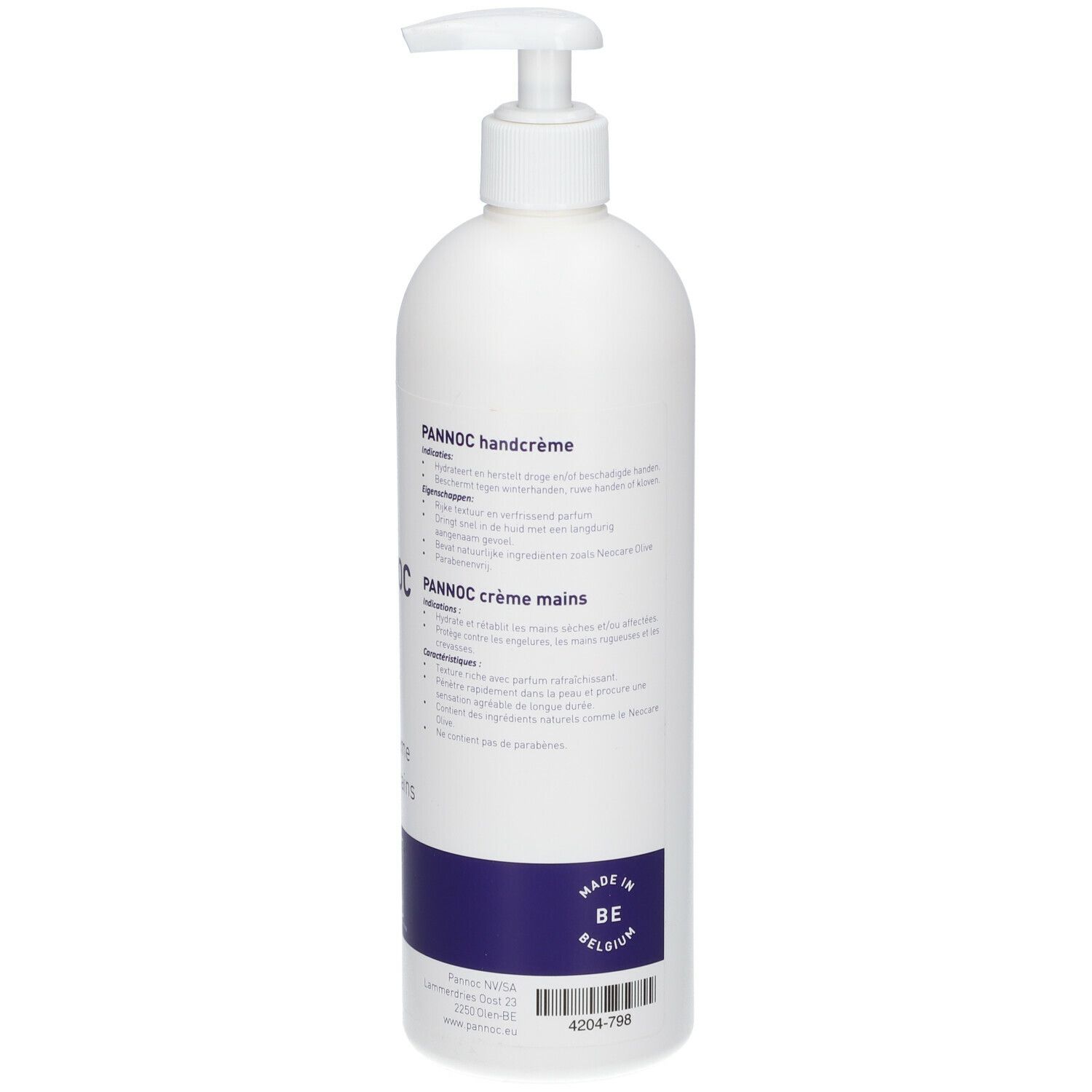 Flacon blanc avec pompe. Inscription: PANNOC Handcrème. Texte et logo en bleu. 500 ml.