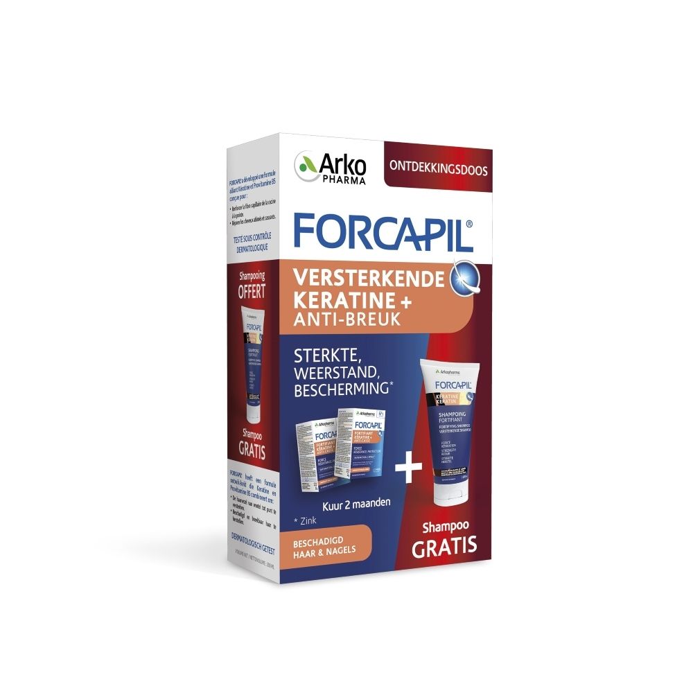 FORCAPIL® Keratine+ Pack. Bevat capsules en shampoo. Opschrift: Sterkte, Weerstand, Bescherming. Vrouw met lang haar.