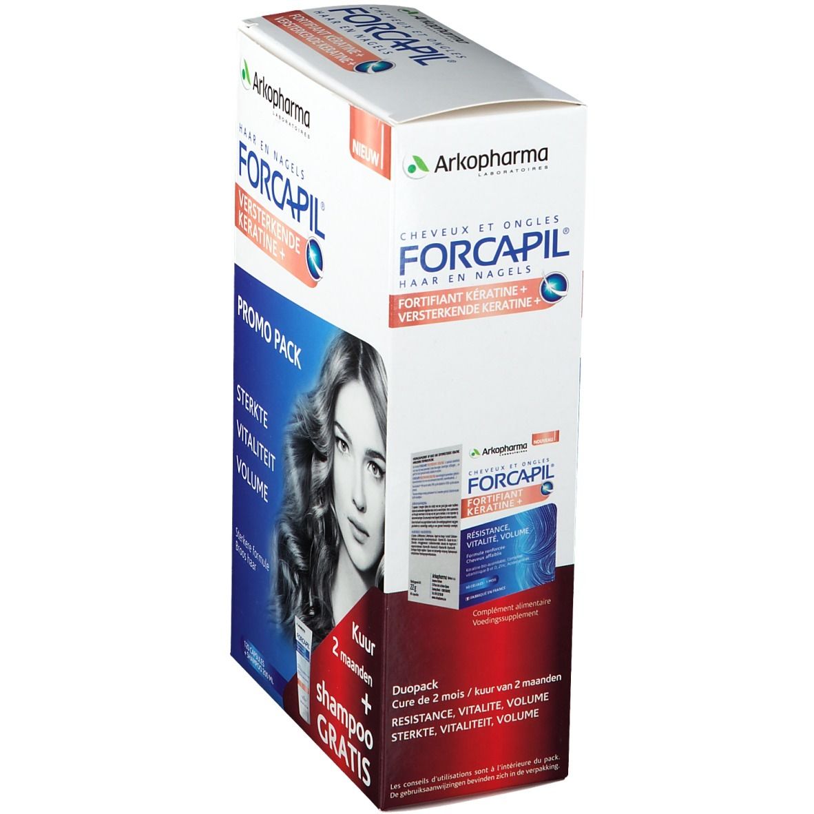 FORCAPIL® Keratine+ Duo-Pack. Bevat capsules en shampoo. Opschrift: Sterkte, Vitaliteit, Volume. Vrouw met lang haar.