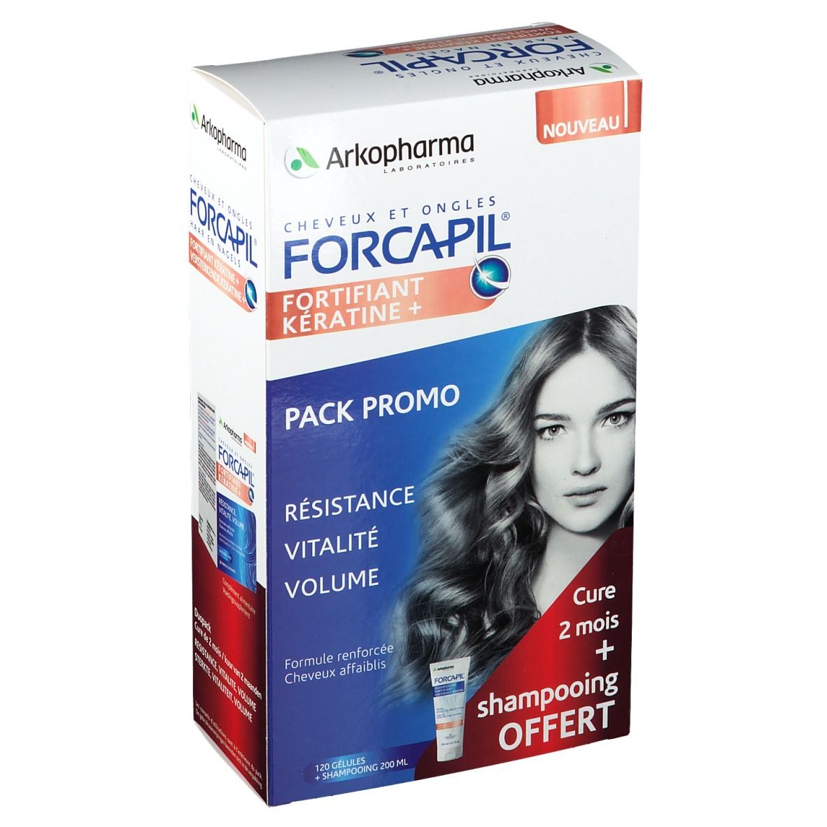 FORCAPIL® Keratine+ Pack. Bevat capsules en shampoo. Opschrift: Sterkte, Vitaliteit, Volume. Vrouw met lang haar.