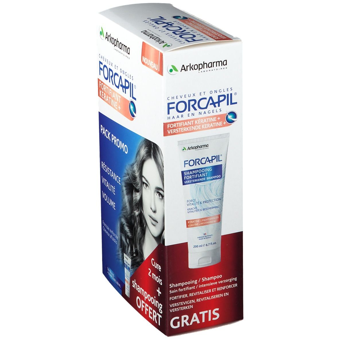 FORCAPIL® Keratine+ Pack. Bevat capsules en shampoo. Opschrift: Sterkte, Vitaliteit, Volume. Vrouw met lang haar.