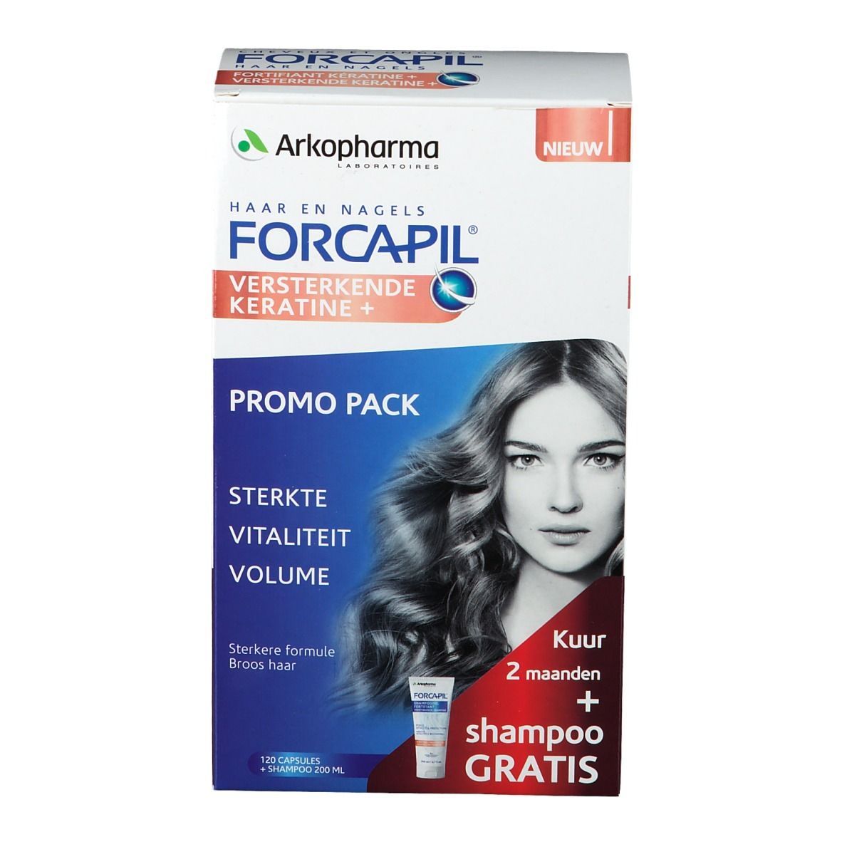FORCAPIL® Keratine+ Pack. Bevat capsules en shampoo. Opschrift: Sterkte, Vitaliteit, Volume. Vrouw met lang haar.