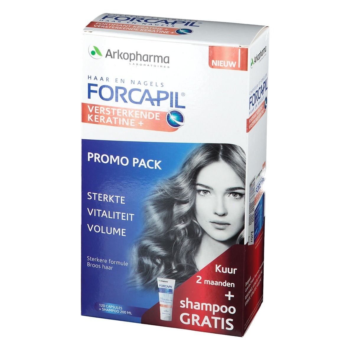 FORCAPIL® Keratine+ Pack. Bevat capsules en shampoo. Opschrift: Sterkte, Vitaliteit, Volume. Vrouw met lang haar.