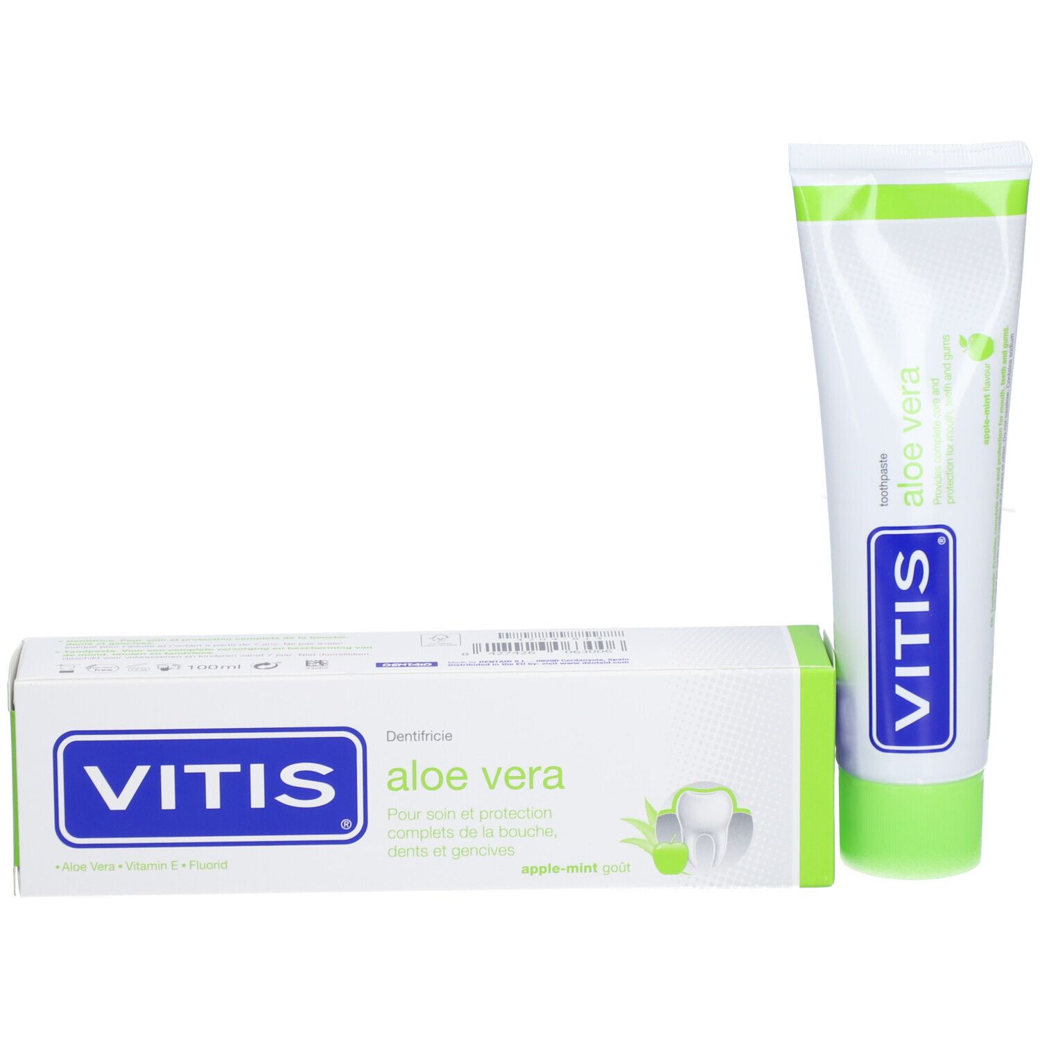 Tube et boîte de dentifrice. Logo VITIS et inscription Aloe vera. Couleurs vert et blanc. Texte en anglais.