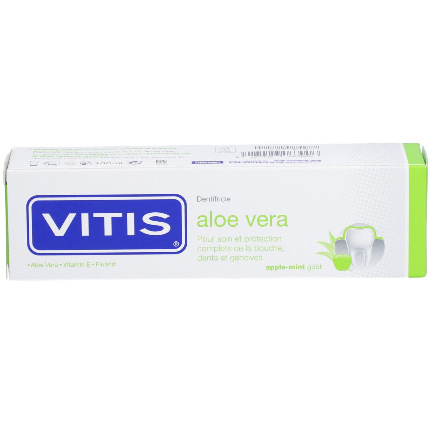 Boîte avec logo VITIS et inscription Aloe vera. Couleurs vert et blanc. Texte multilingue.