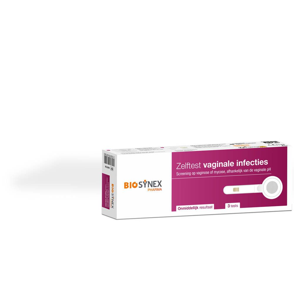 Verpakking met vaginale infectietest. Opschrift: BIOSYNEX, 3 tests, direct resultaat.