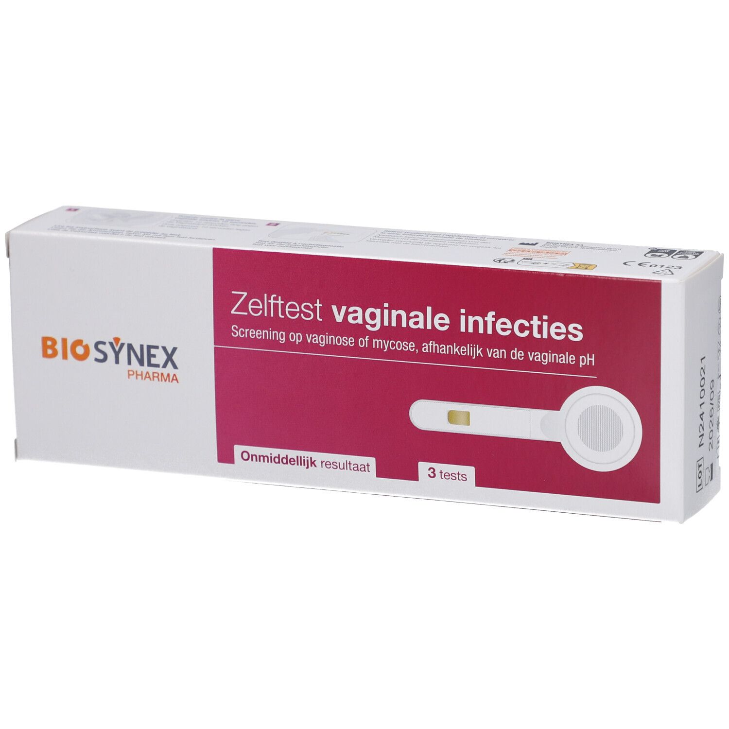 Verpakking met vaginale infectietest. Opschrift: BIOSYNEX, 3 tests, direct resultaat.