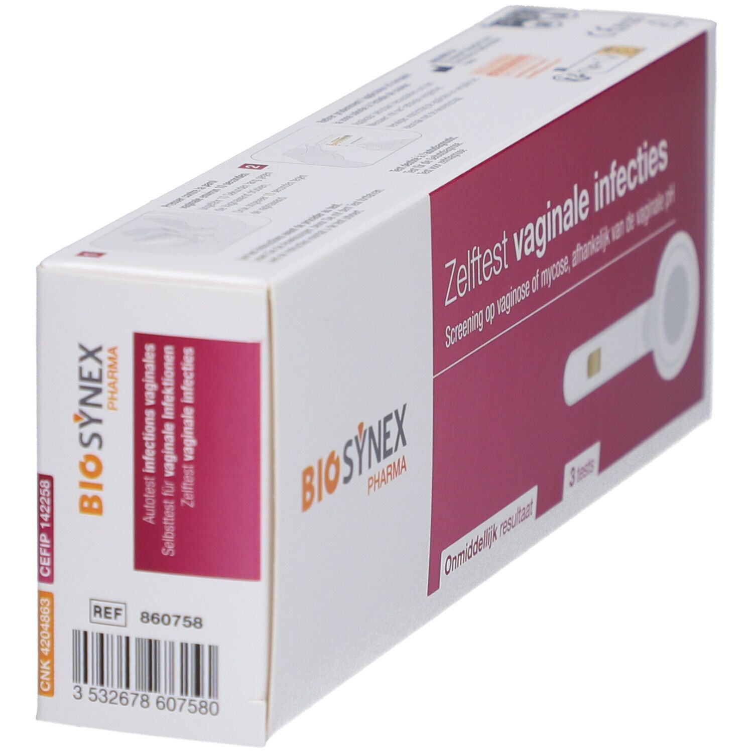 Verpakking met vaginale infectietest. Opschrift: BIOSYNEX, 3 tests, direct resultaat.