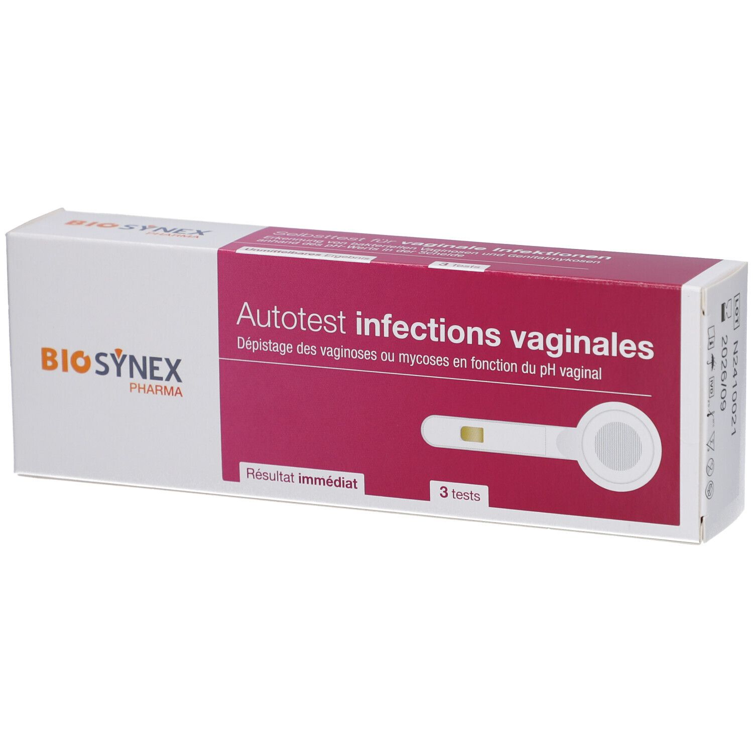 Verpakking met vaginale infectietest. Opschrift: BIOSYNEX, 3 tests, direct resultaat.
