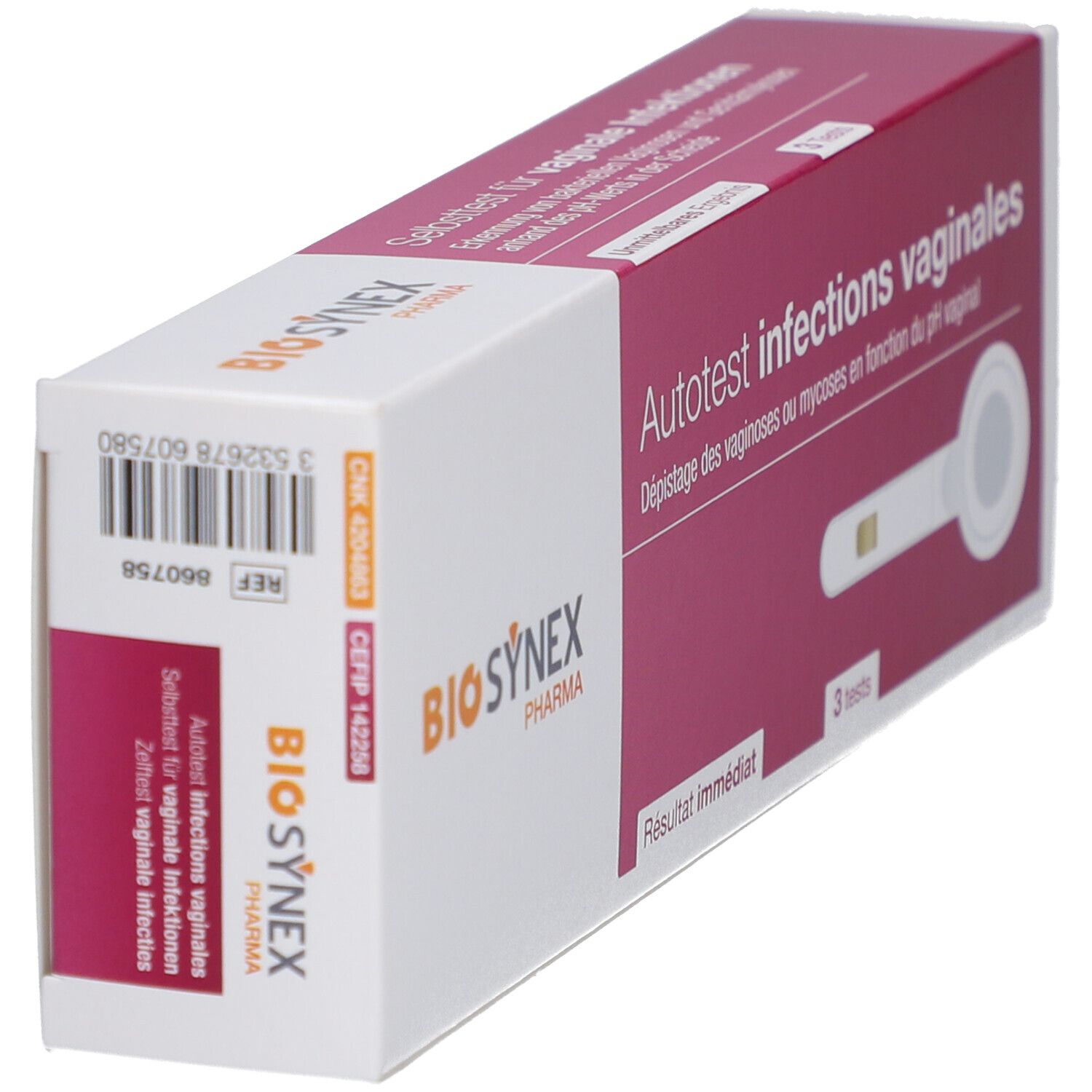 Verpakking met vaginale infectietest. Opschrift: BIOSYNEX, 3 tests, direct resultaat.