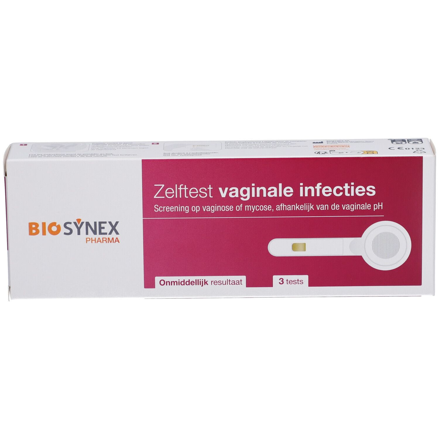 Verpakking met vaginale infectietest. Opschrift: BIOSYNEX, 3 tests, direct resultaat.