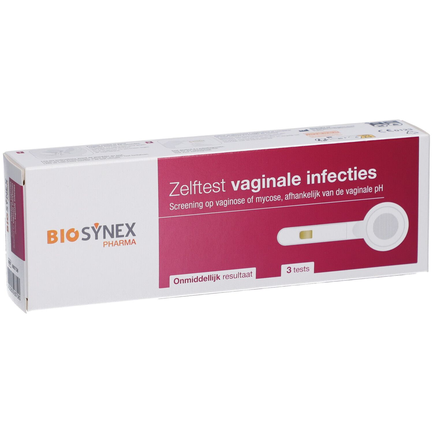 Verpakking met vaginale infectietest. Opschrift: BIOSYNEX, 3 tests, direct resultaat.
