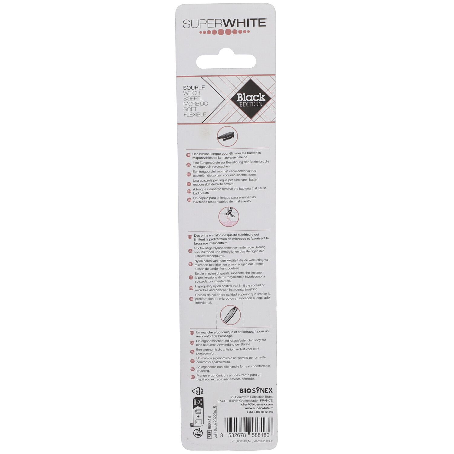Rückseite der Zahnbürstenverpackung. Text in mehreren Sprachen. Logo: Black Edition. Marke: SUPERWHITE. Hersteller: BIOSTNEX.