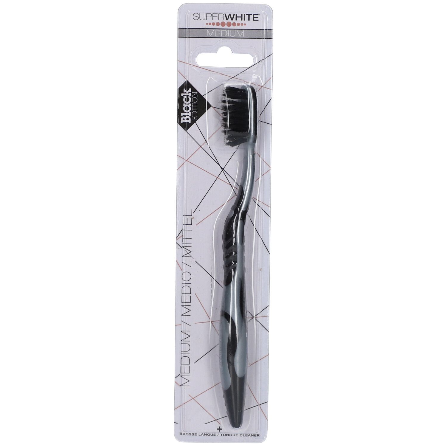 Brosse à dents noire dans son emballage. "Black Edition" et "Medium" sur l'emballage. Soies et manche noirs.