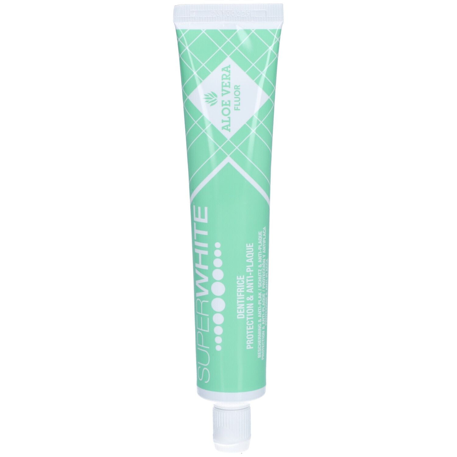 Tube de dentifrice verte et blanche. Inscription : SUPERWHITE, Aloe Vera, Fluor. Texte : DENTIFRICE PROTECTION & ANTI-PLAQUE.
