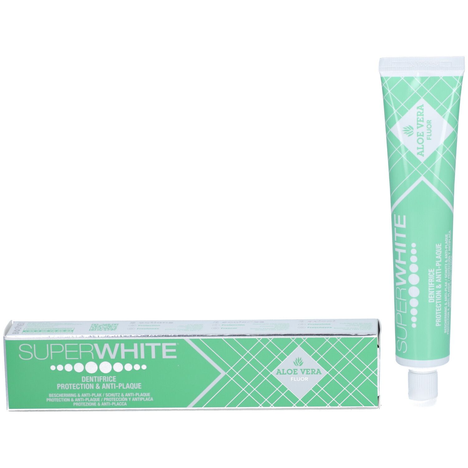 Tube et boîte de dentifrice. Tube : vert et blanc, inscription SUPERWHITE. Boîte : vert et blanc, inscription SUPERWHITE, Aloe Vera.