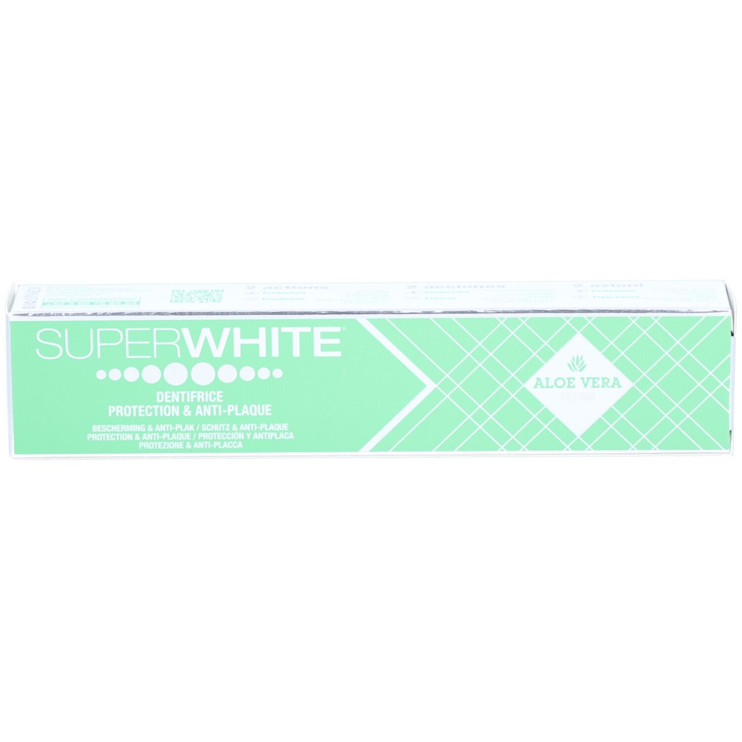 Boîte verte et blanche. Inscription : SUPERWHITE, DENTIFRICE PROTECTION & ANTI-PLAQUE, Aloe Vera.