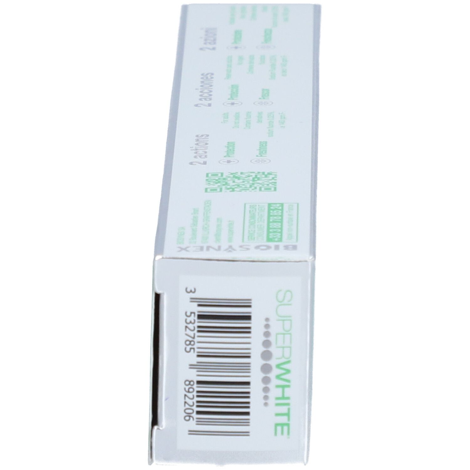 Boîte, vert et blanc. Inscription : SUPERWHITE. Côté avec texte et code-barres.
