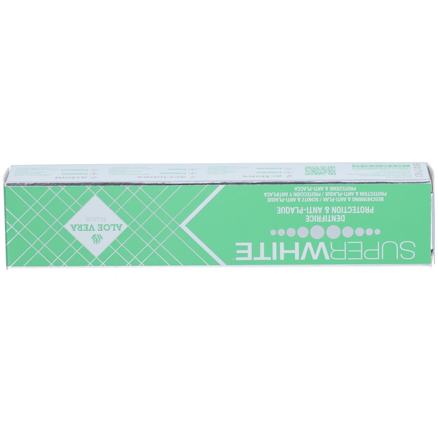Boîte verte et blanche. Inscription : SUPERWHITE, DENTIFRICE PROTECTION & ANTI-PLAQUE, Aloe Vera.