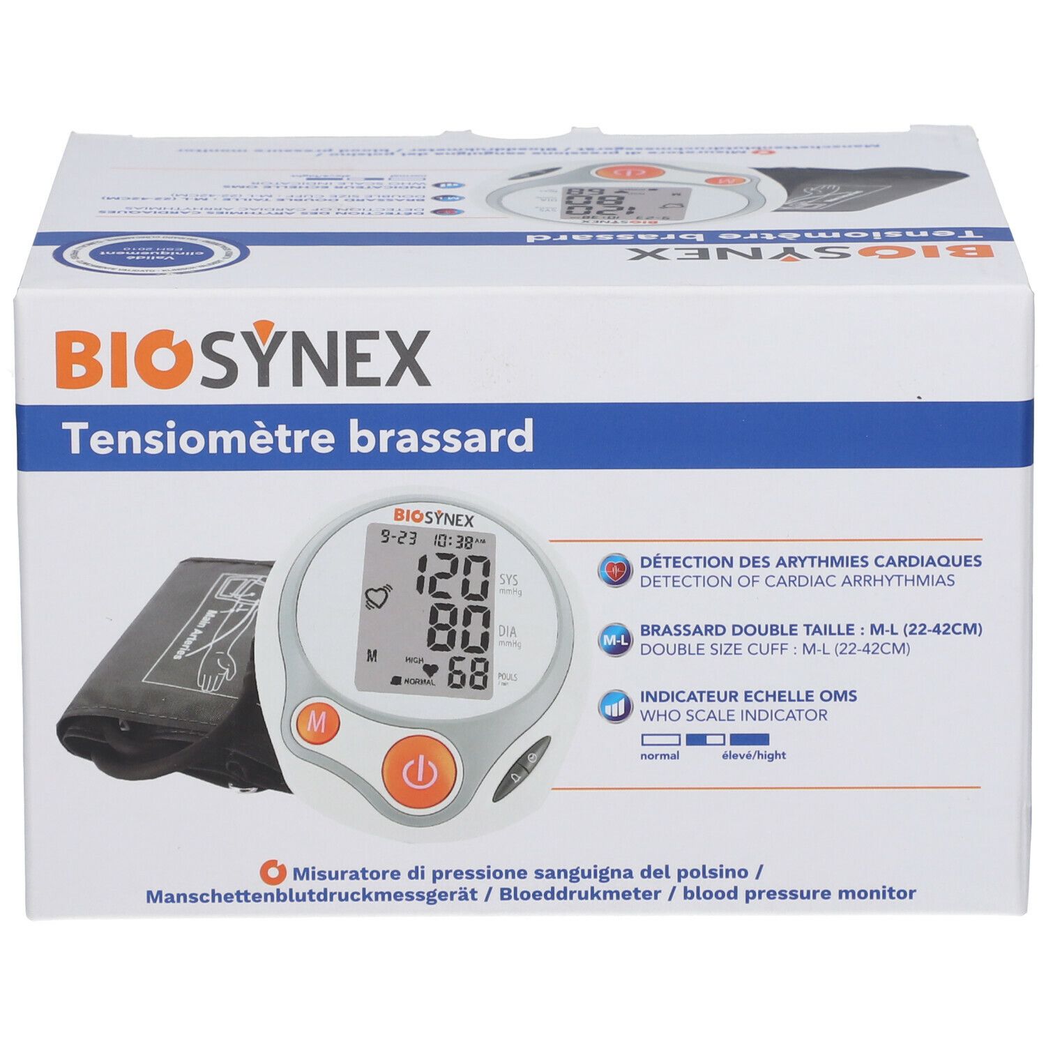 Boîte BIOSYNEX Tensiomètre brassard. Écran numérique avec chiffres. Brassard et appareil sur fond blanc.
