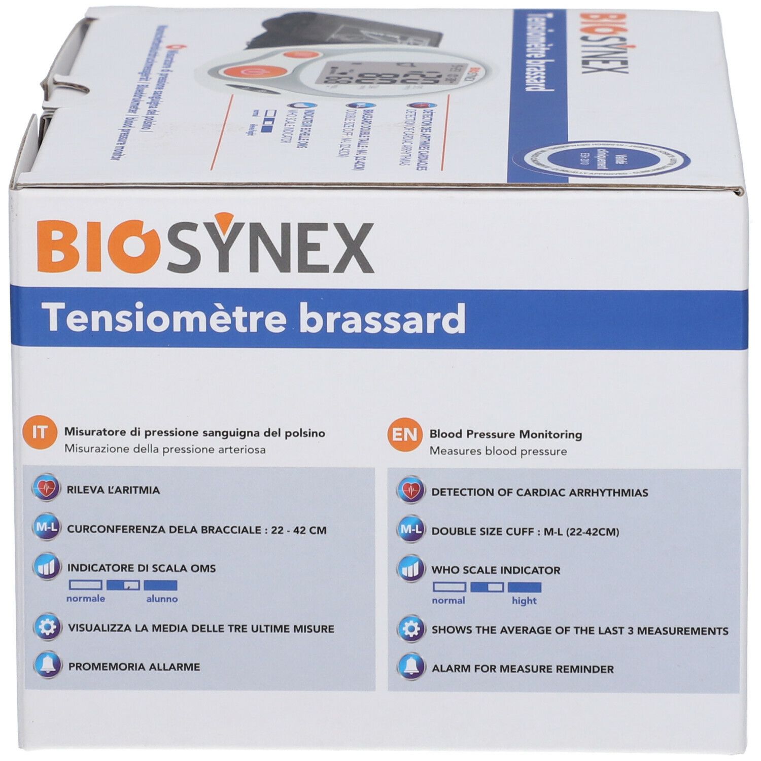 Boîte BIOSYNEX Tensiomètre brassard. Informations produit sur l'emballage. Texte en italien et anglais.