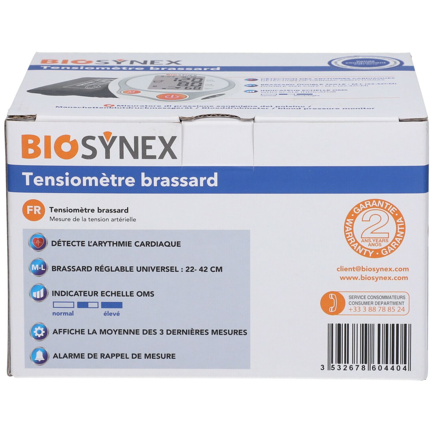 Boîte BIOSYNEX Tensiomètre brassard. Informations produit sur l'emballage. Texte en français.