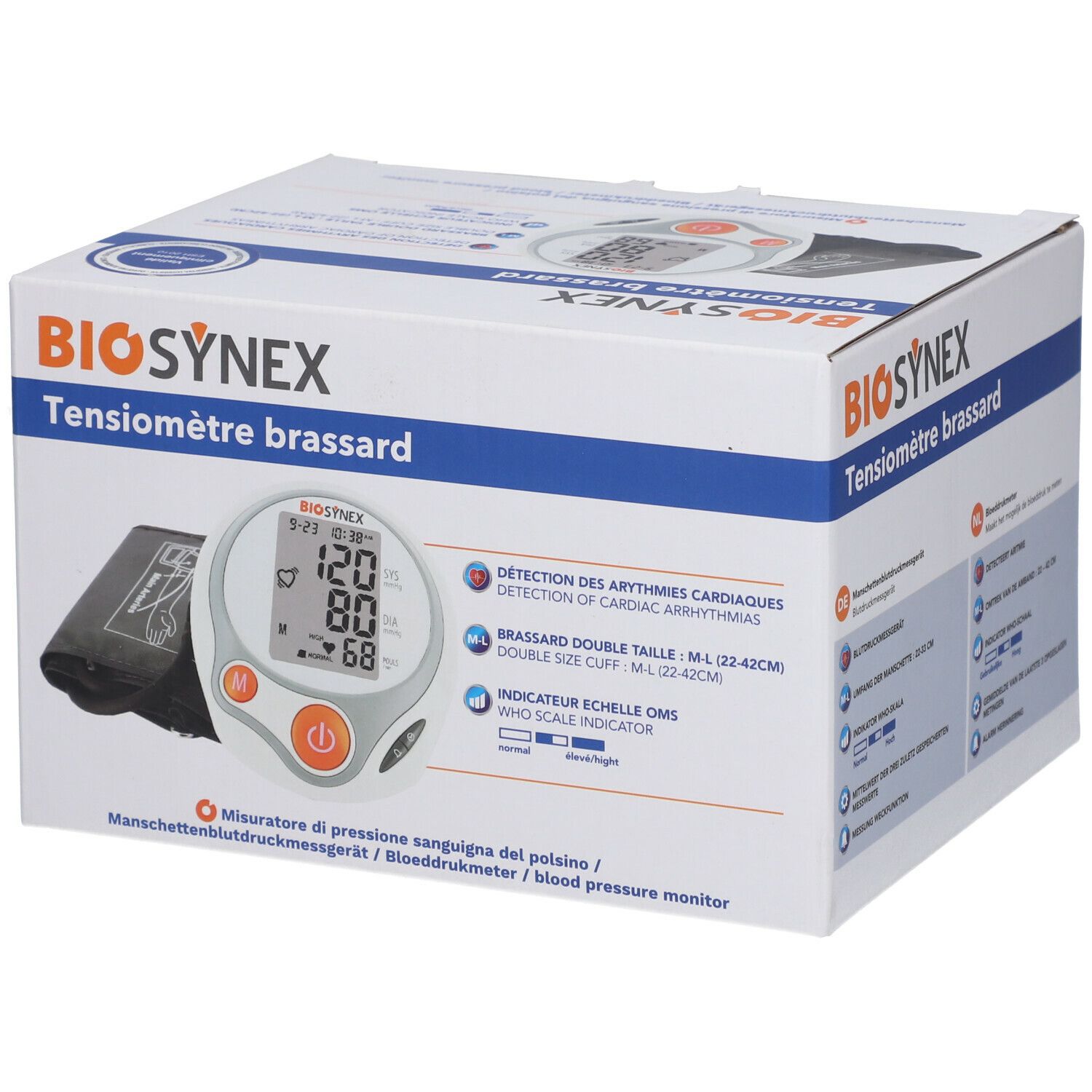 Boîte BIOSYNEX Tensiomètre brassard. Écran numérique avec chiffres. Brassard et appareil sur fond blanc.