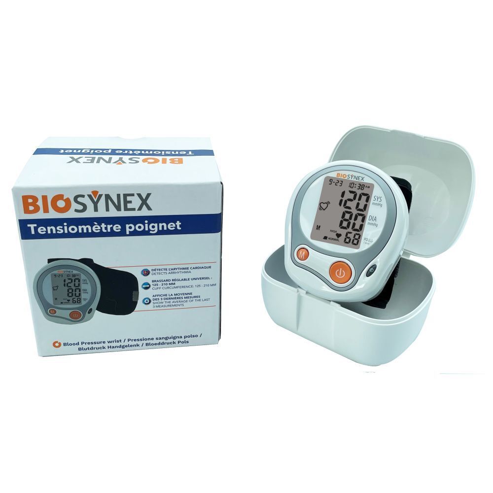 Tensiomètre poignet Biosynex et son emballage. Appareil et étui visibles.