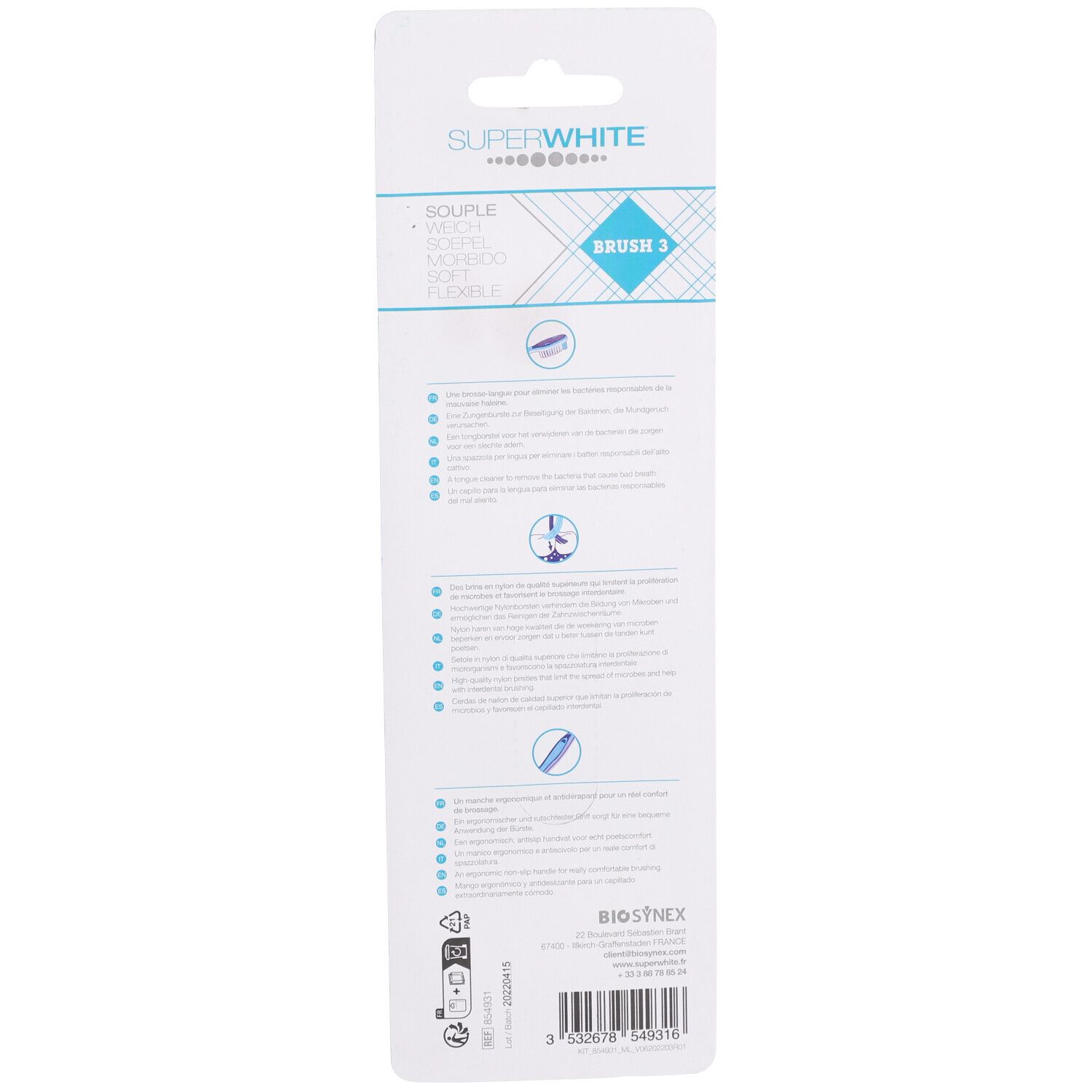 Rückseite der Blisterverpackung mit Text und Piktogrammen. "Superwhite" und "Brush 3" sind sichtbar.