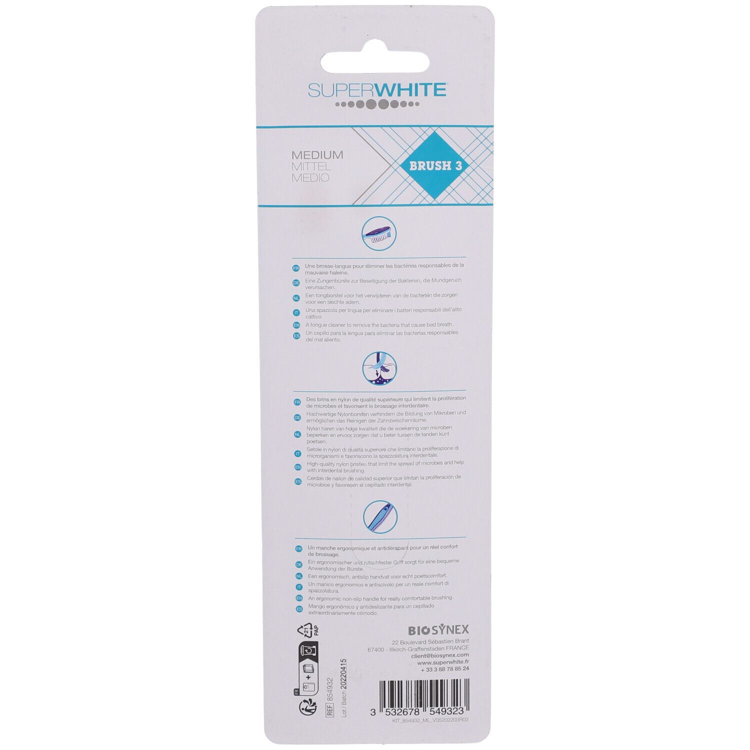 Rückseite der Zahnbürstenverpackung. Text und Piktogramme. "SUPERWHITE" und "MEDIUM" sind sichtbar.