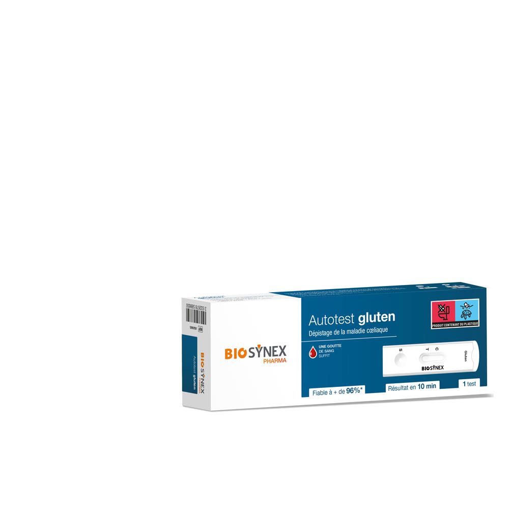 Boîte BIOSYNEX Test Gluten. Inscription: Autotest gluten, Dépistage de la maladie coeliaque. Contient un test.