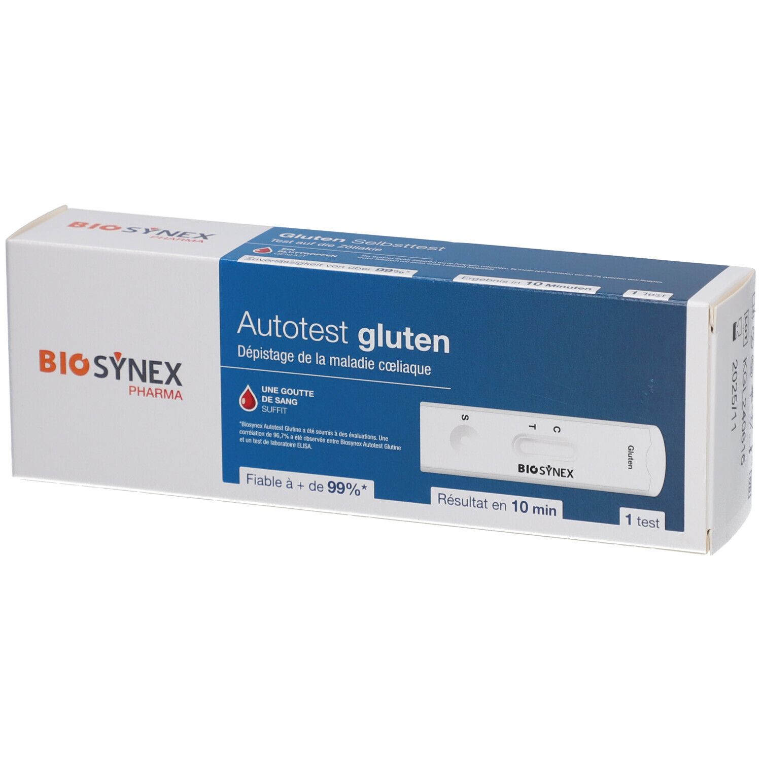 Boîte de test BIOSYNEX Gluten. Inscription: Autotest gluten, Dépistage de la maladie coeliaque. Contient un test.