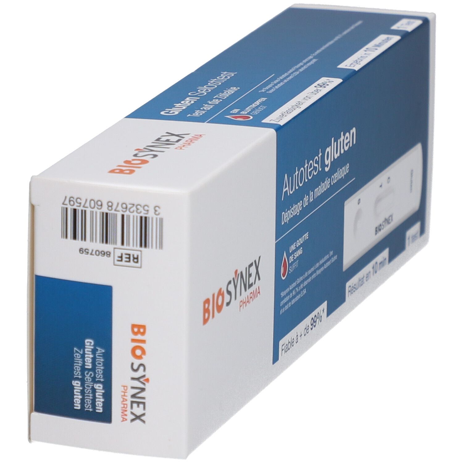 Boîte de test BIOSYNEX Gluten. Inscription: Autotest gluten, Dépistage de la maladie coeliaque. Contient un test.