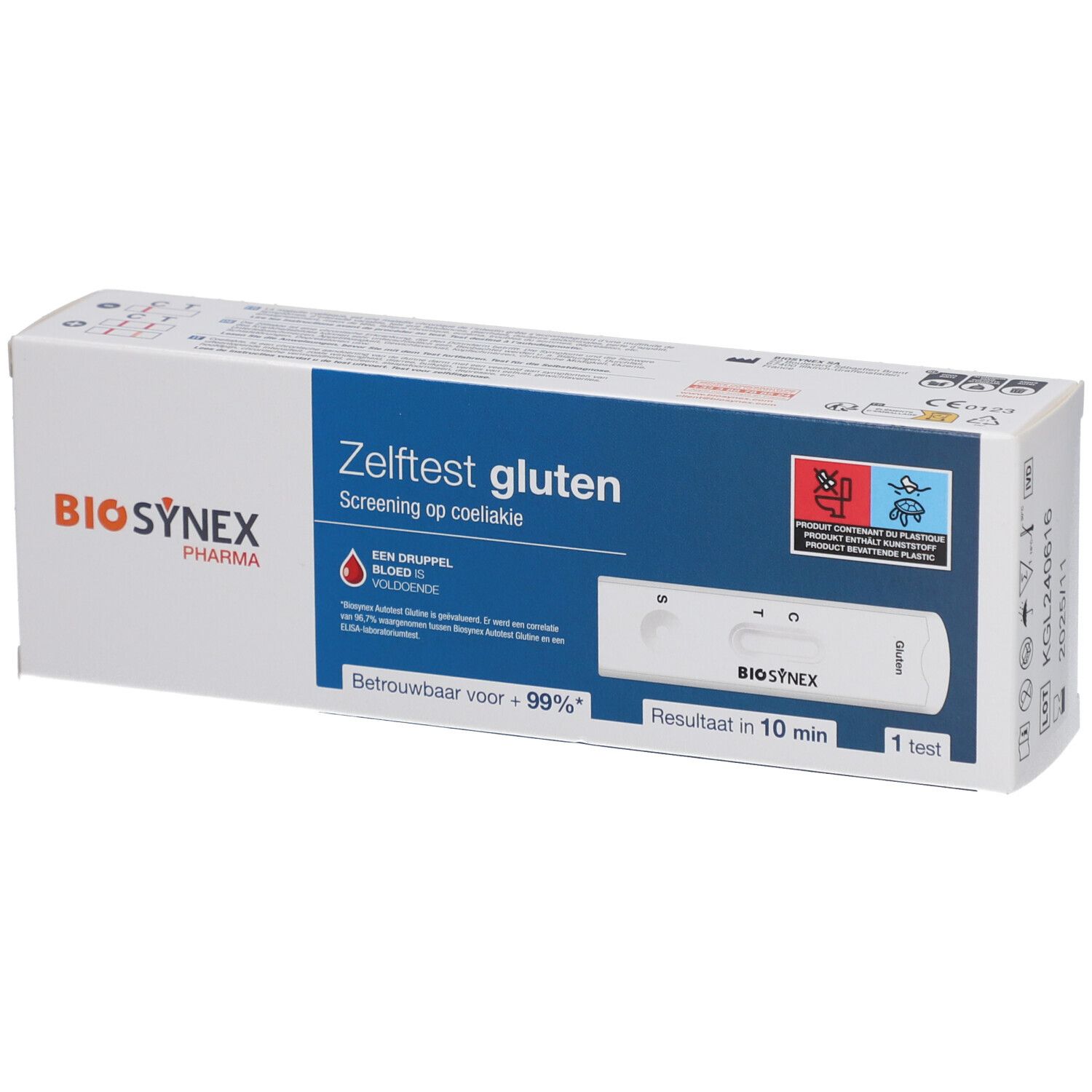 Boîte de test BIOSYNEX Gluten. Inscription: Zelftest gluten, Screening op coeliakie. Contient un test.