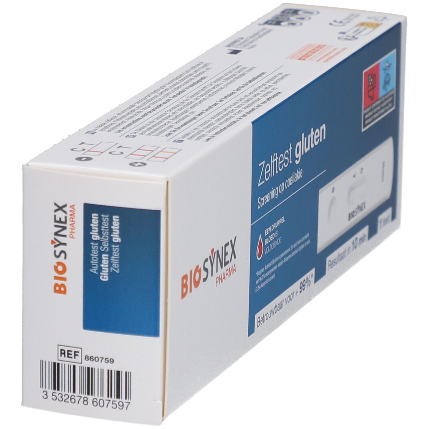 Boîte de test BIOSYNEX Gluten. Inscription: Zelftest gluten, Screening op coeliakie. Contient un test.
