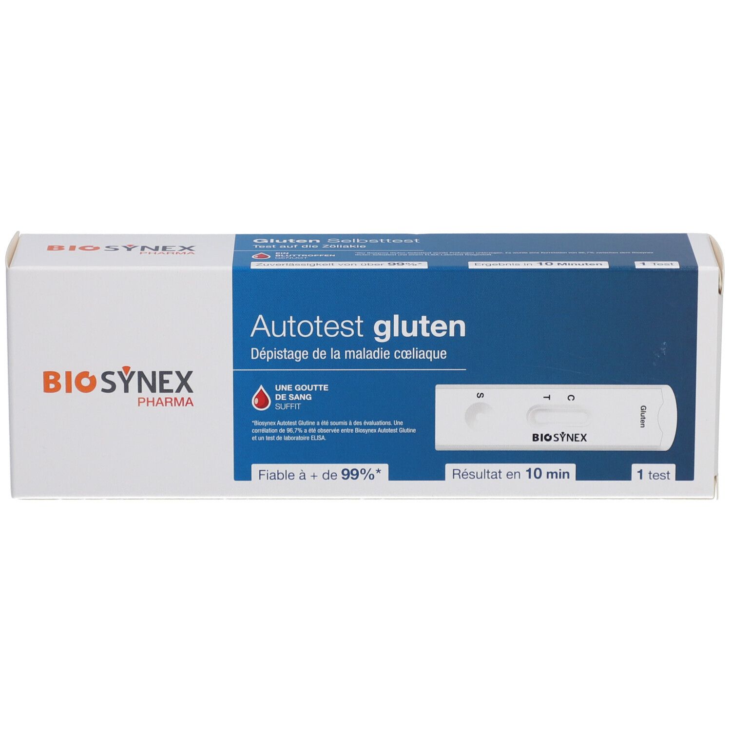 Boîte de test BIOSYNEX Gluten. Inscription: Autotest gluten, Dépistage de la maladie coeliaque. Contient un test.