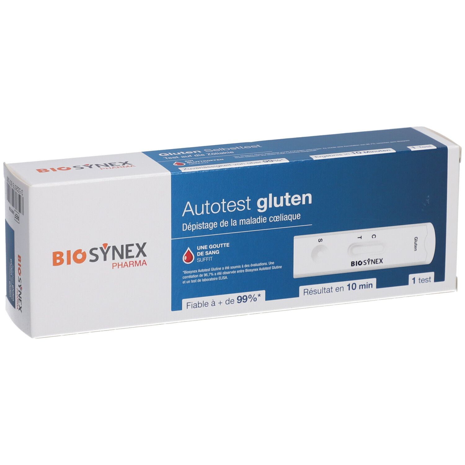 Boîte de test BIOSYNEX Gluten. Inscription: Autotest gluten, Dépistage de la maladie coeliaque. Contient un test.
