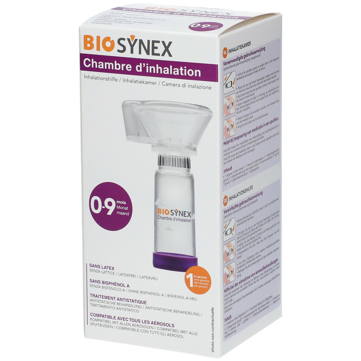 Boîte Biosynex Chambre d'inhalation. Vue produit. Inscription : 0-9 mois. Sans latex, sans bisphénol A. Inhalateur pour enfants.
