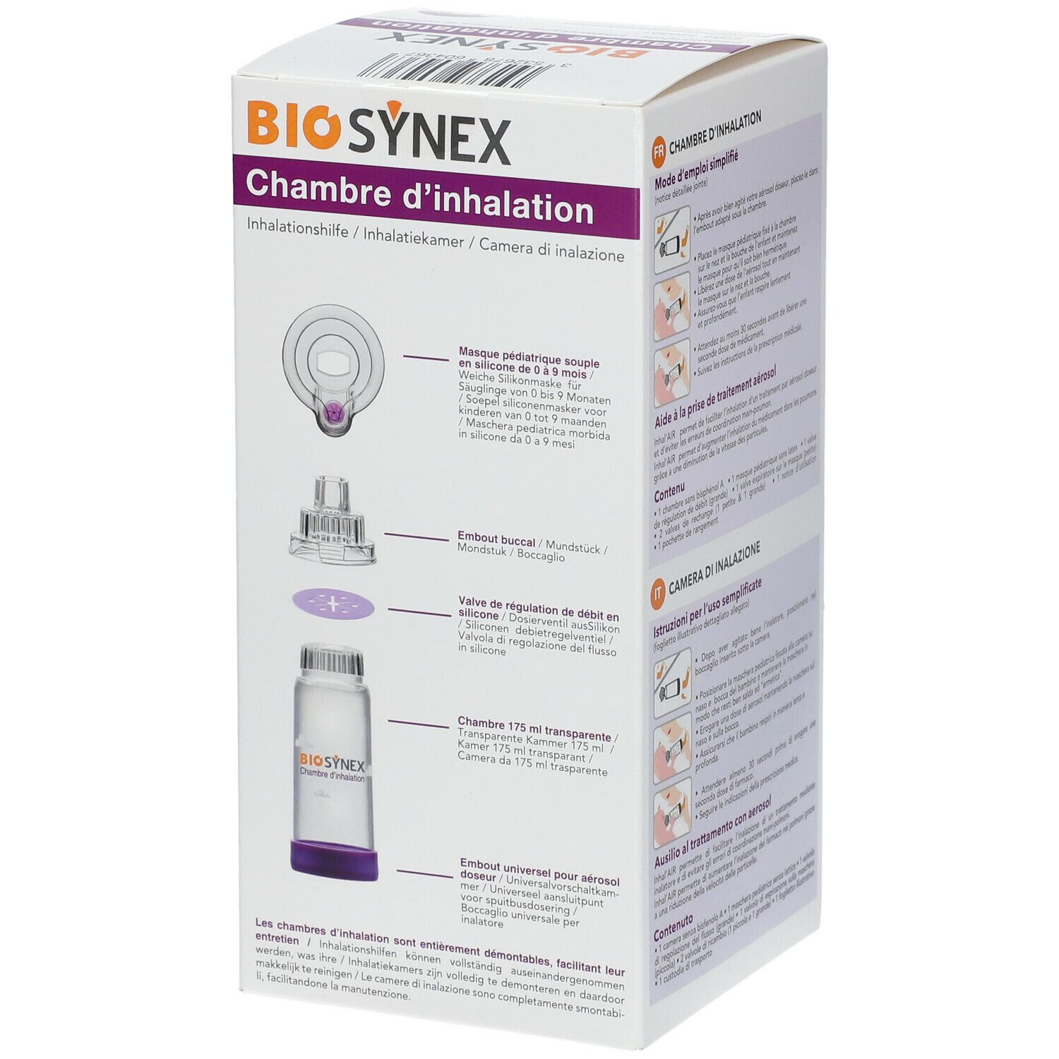 Côté de la boîte Biosynex Chambre d'inhalation. Composants du produit illustrés. Texte : Chambre d'inhalation. Inhalateur pour enfants.