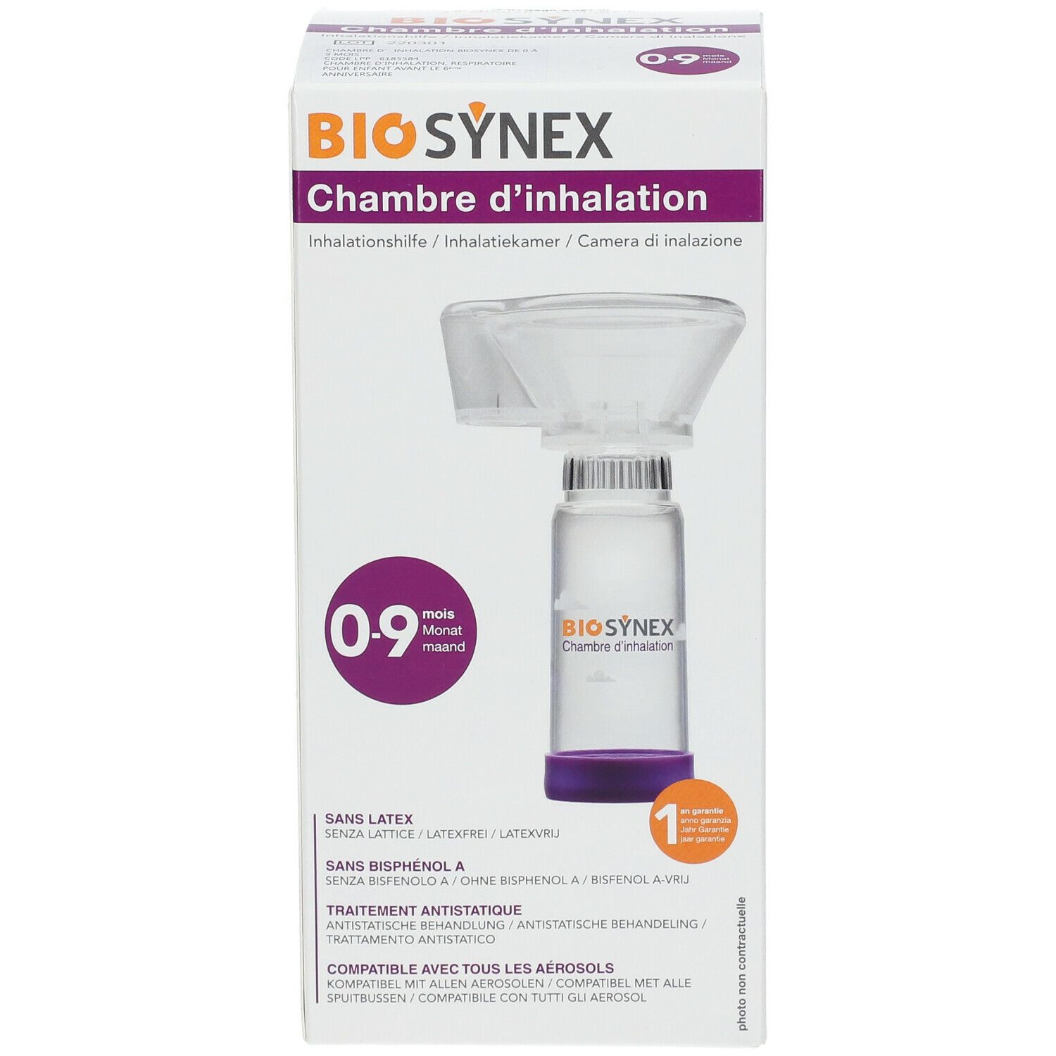 Boîte Biosynex Chambre d'inhalation. Vue produit. Inscription : 0-9 mois. Sans latex, sans bisphénol A. Inhalateur pour enfants.