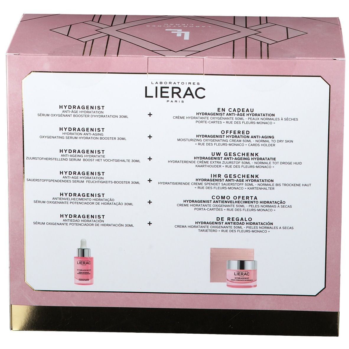 Roze geschenkverpakking met LIERAC-logo en productnaam. Bevat serum en crème. Tekst in meerdere talen.