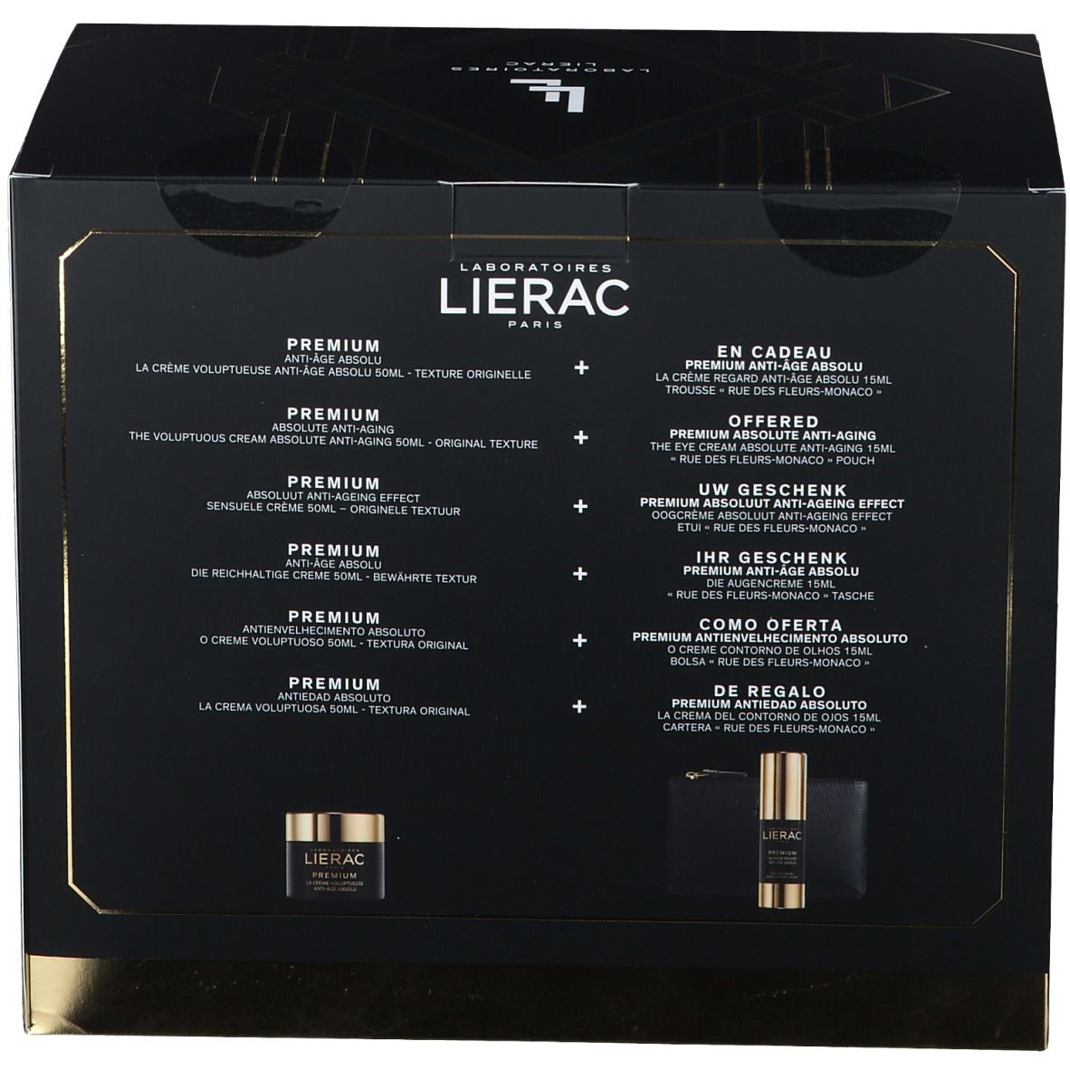 Dos du coffret cadeau avec informations produits et liste des articles inclus. Fond noir avec détails dorés.