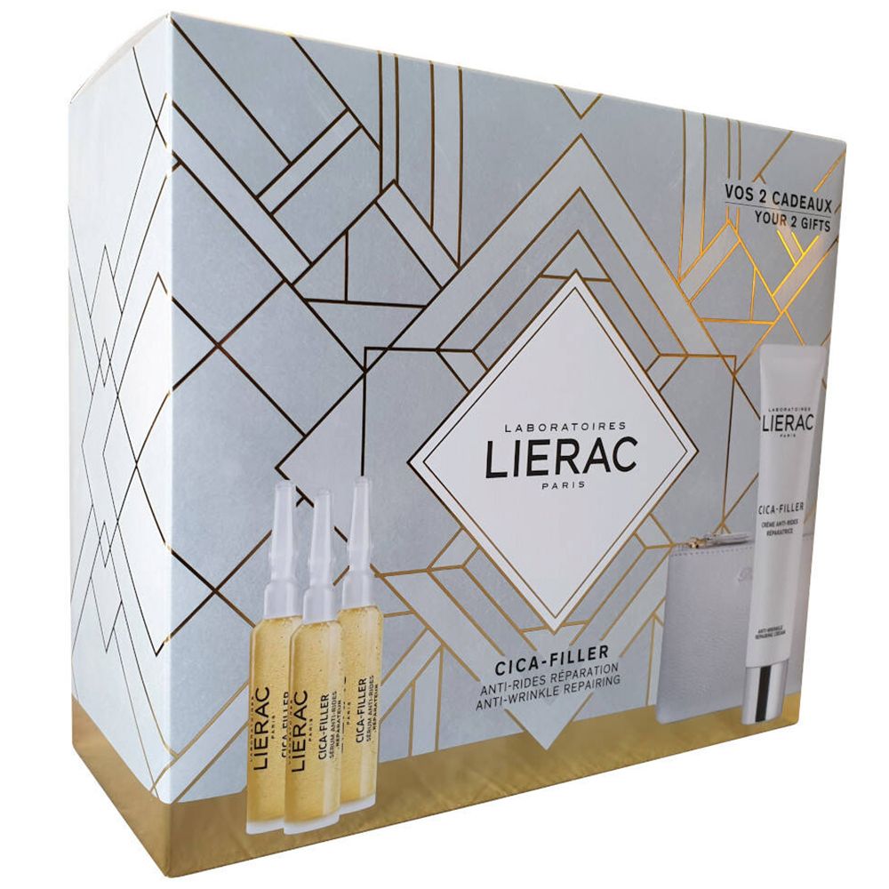 Geschenkset met LIERAC CICA-FILLER producten. Bevat ampullen, crème en een verpakking met geometrisch patroon.