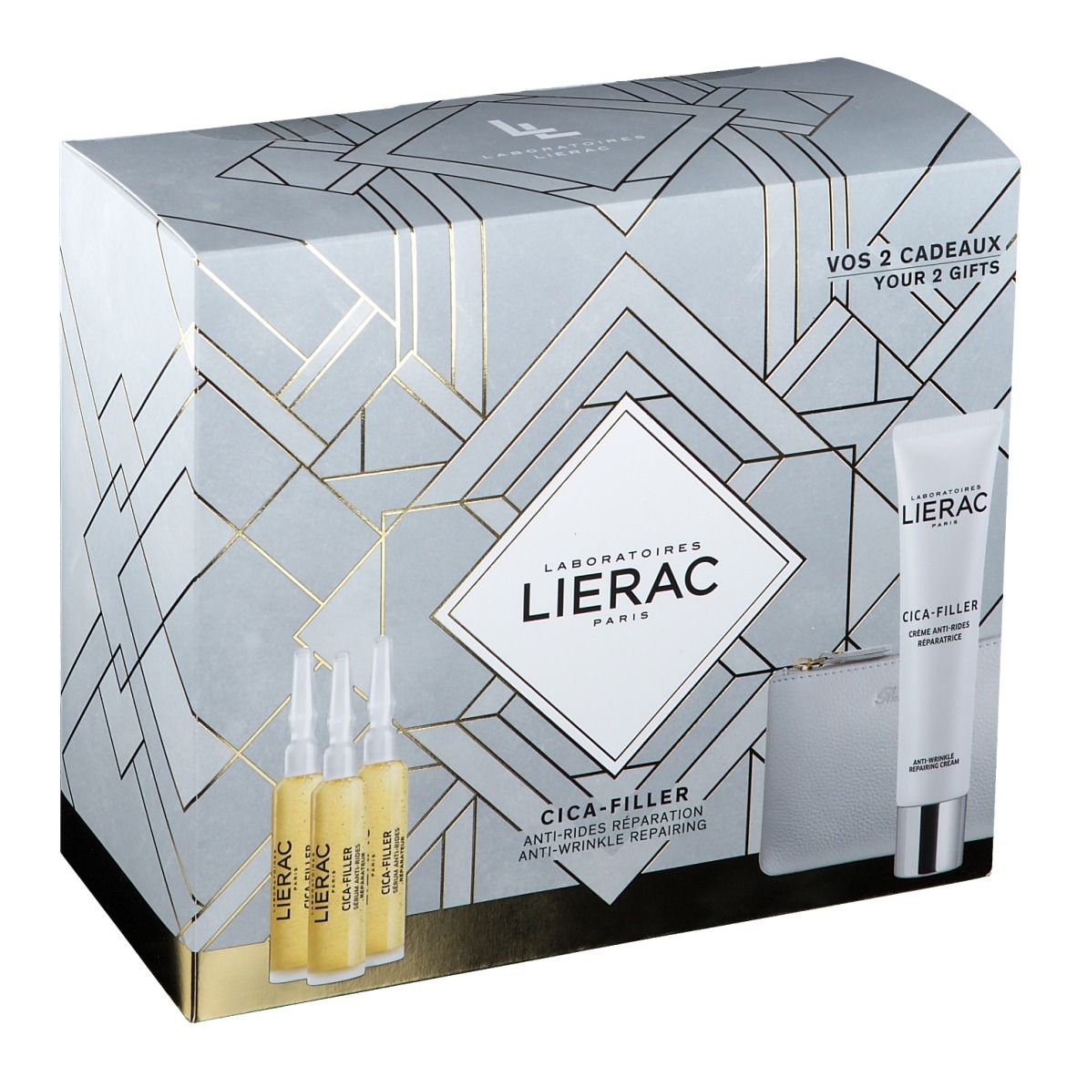 Geschenkset met LIERAC CICA-FILLER producten. Bevat ampullen, crème, een toilettas en een verpakking.