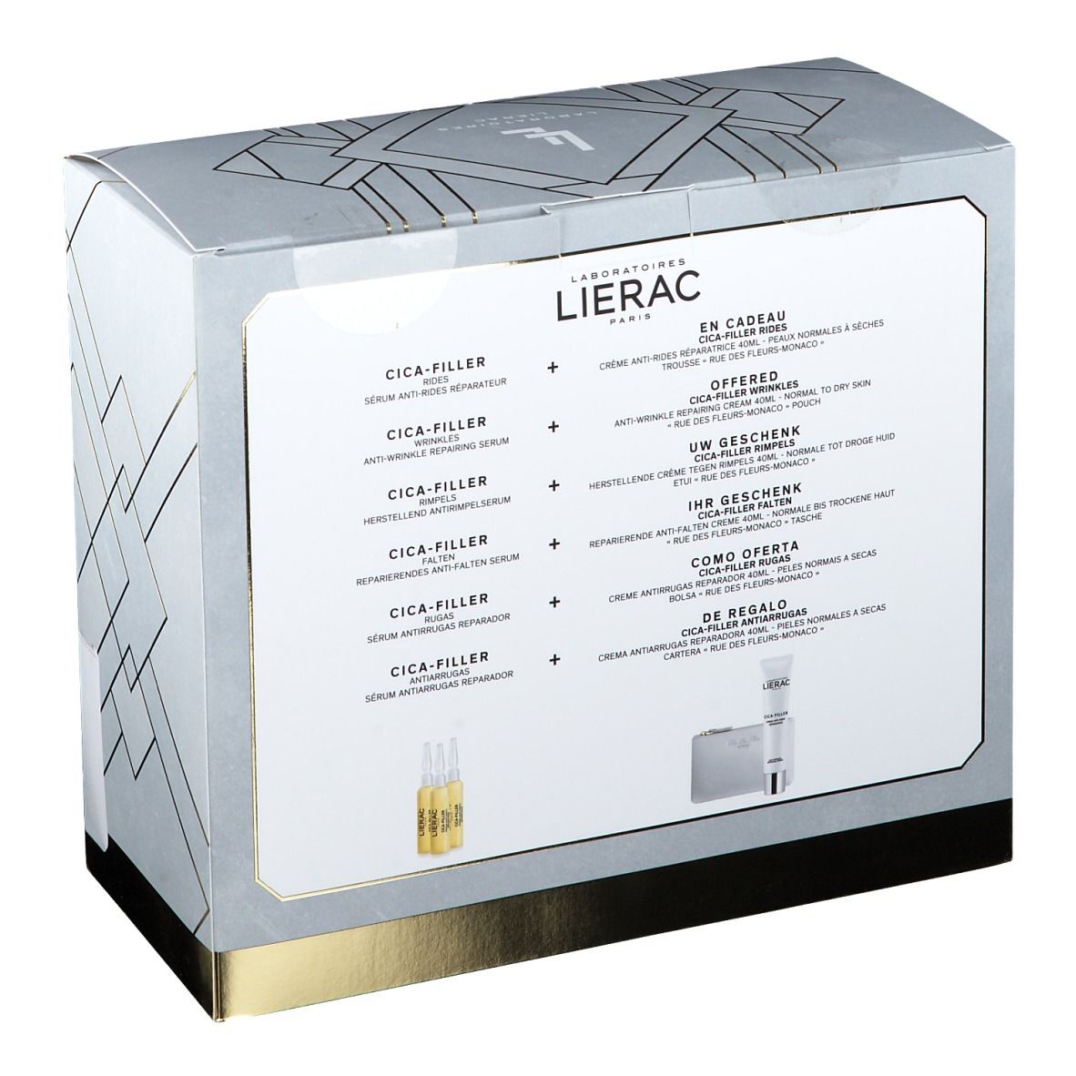 Achterkant van de geschenkverpakking met productinformatie en ingrediënten. Bevat LIERAC CICA-FILLER producten.