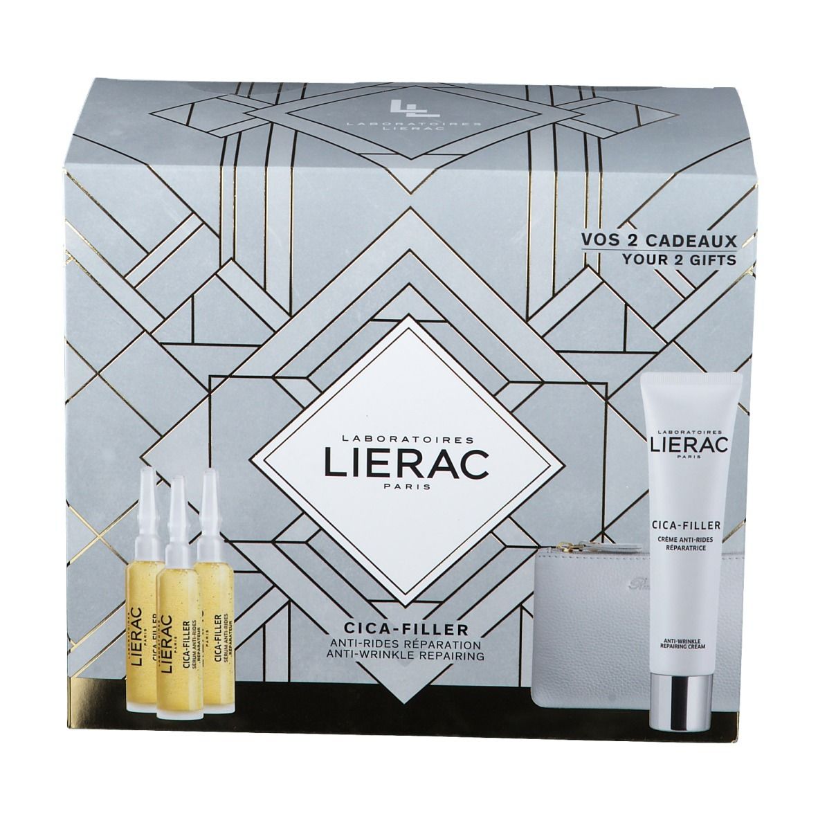 Geschenkset met LIERAC CICA-FILLER producten. Bevat ampullen, crème, een toilettas en een verpakking.