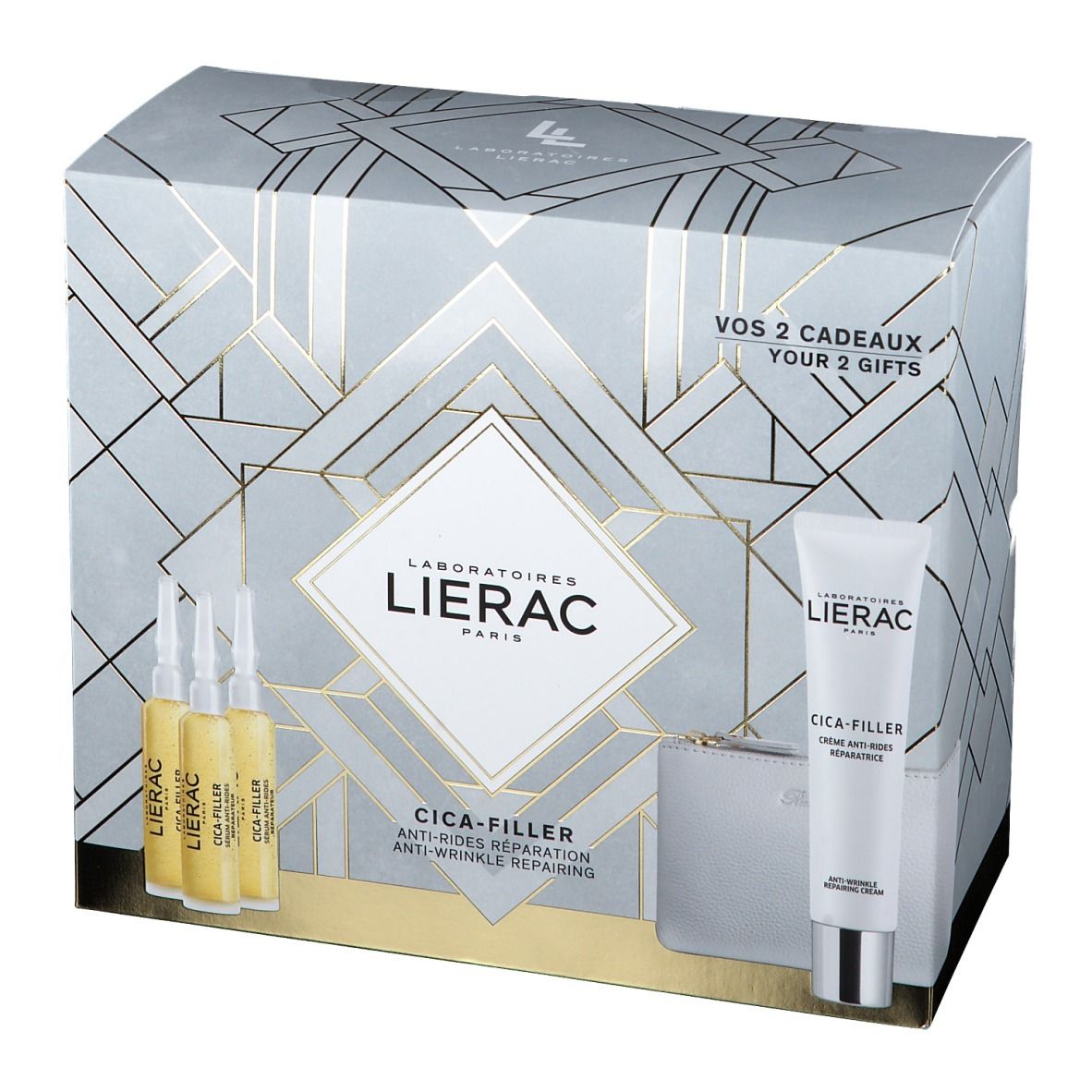 Geschenkset met LIERAC CICA-FILLER producten. Bevat ampullen, crème, een toilettas en een verpakking.